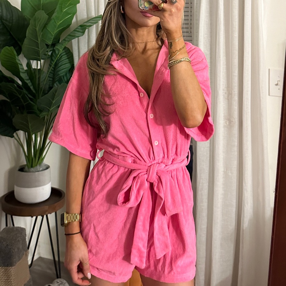 Brand new pink terry cloth short sleeve romper